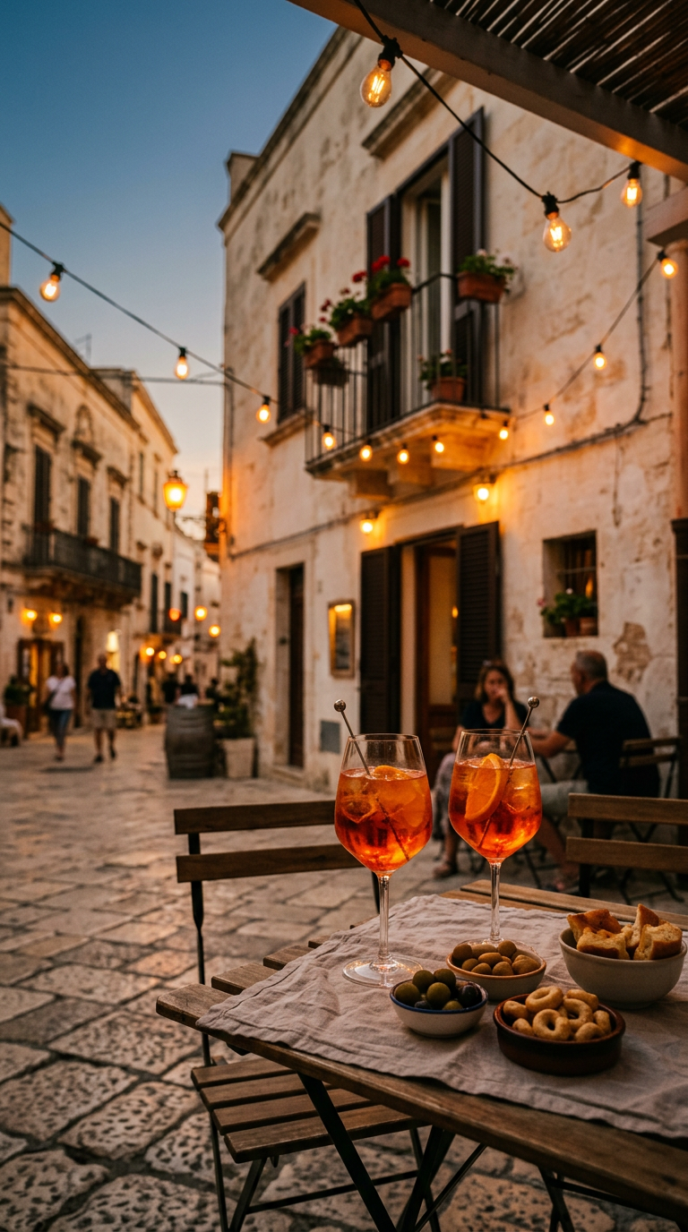 Un tavolo con l'aperitivo in una via italiana al tramonto d'estate